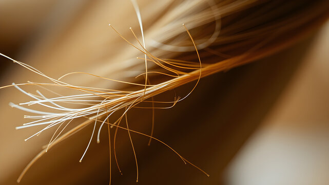Close-up of a single human hair strand with visible split ends, highlighting individual fibers and surface texture in sharp detail.
