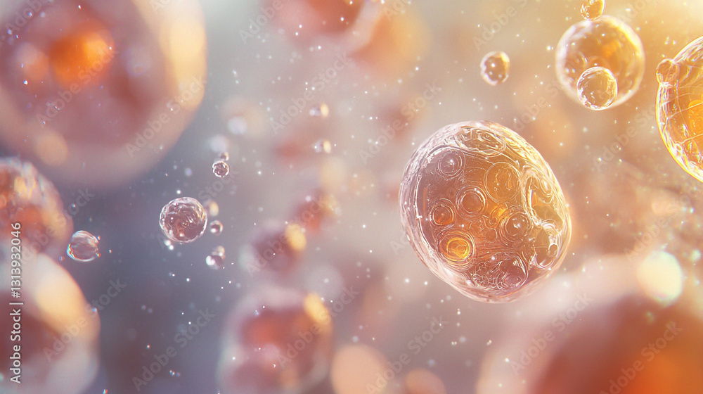 Poster abstract orange bubbles floating in soft light background art cell glow water shiny macro vivid colo