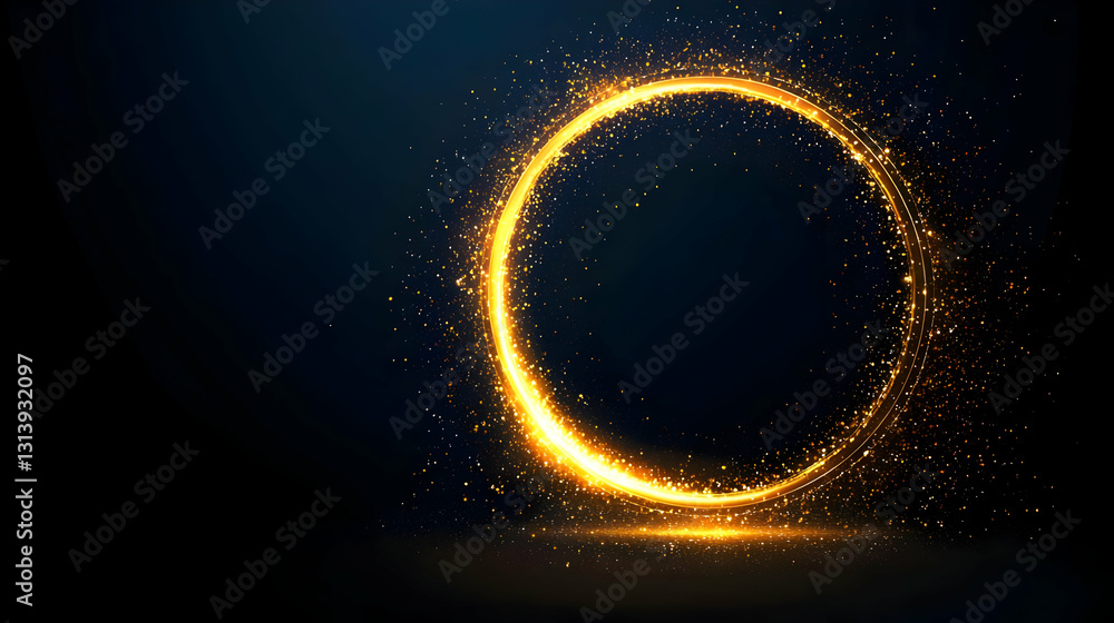 Poster Golden Glowing Circular Frame With Sparkling Glitter Effect On Dark Background With Subtle Lighting Illumination