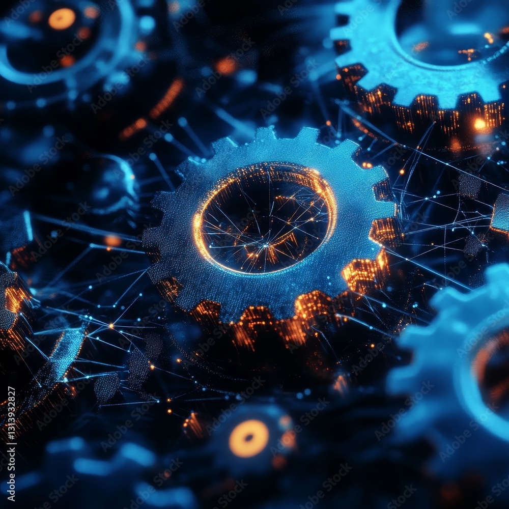 Aufkleber abstract close-up of interconnected gears with digital elements