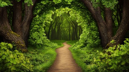 Obraz premium Scenic Forest Pathway Surrounded by Lush Greenery and Trees
