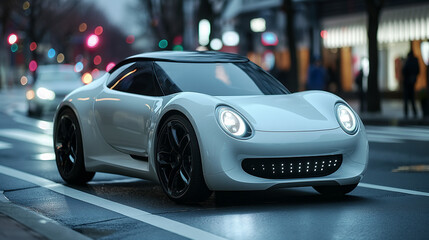 Fototapeta premium A sleek electric car is parked on a city street, illuminated by streetlights and nearby shops. The vehicle showcases modern design, emphasizing sustainability and innovation