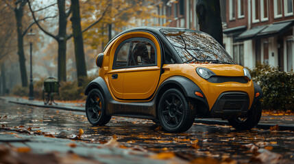 A small, eco friendly rechargeable car sits on a wet street, surrounded by fallen leaves under a gloomy sky. The vibrant yellow vehicle contrasts with the grey surroundings