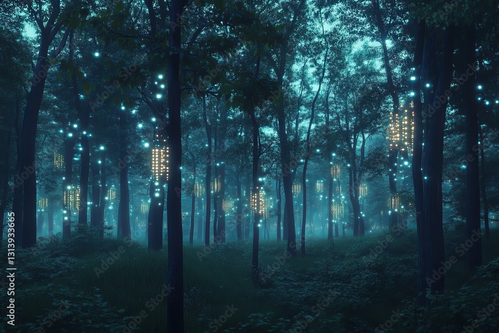 Poster a mystical forest scene illuminated by glowing data nodes, merging the natural and digital realms, c
