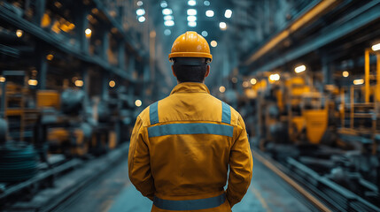 Engineers wearing safety gear examine equipment and monitor production quality in a large, vibrant industrial facility in the evening. The environment is busy with machinery