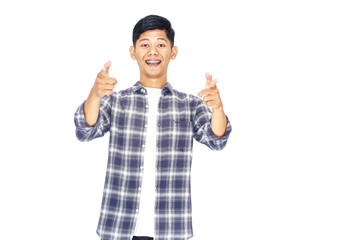 Fototapeta premium Happy Young Man Pointing in Plaid Shirt