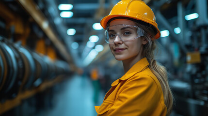 A group of engineers works in a well-equipped industrial facility. They wear safety helmets and goggles while collaborating on a project. The atmosphere reflects professionalism and dedication