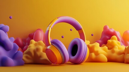 3D headphones with vibrant neon colors, placed against vivid yellow and purple abstract background