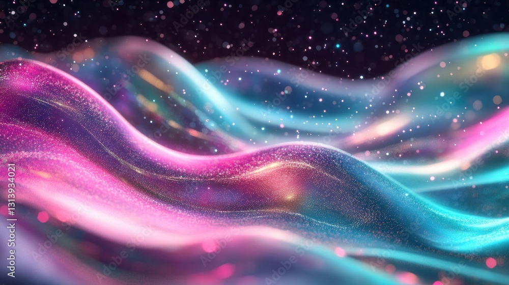 Poster beautiful abstract shimmering waves with sparkling particles flowing softly