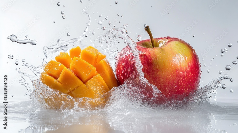 Poster mango and apple submerged in water creating a splash