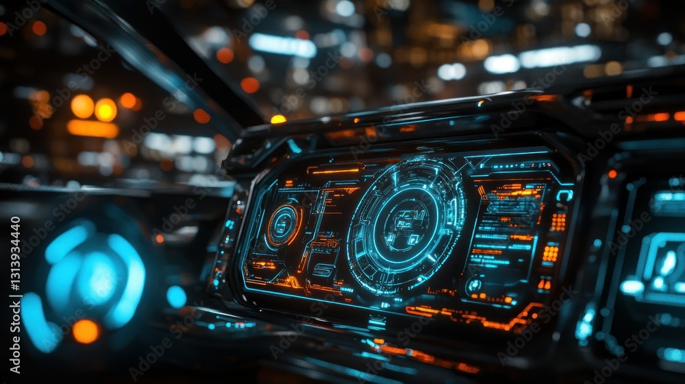 Aufkleber a futuristic glowing dashboard displays data with circular interface designs