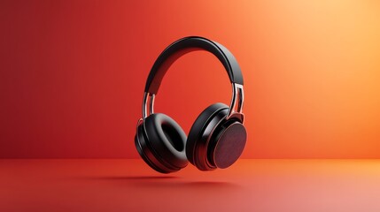 3D headphones with microphone on dynamic red and orange gradient background with copy space for text
