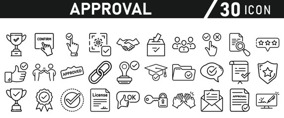 Approve Icons set. Icon for Mobile and Web. Contains icons such as Approve, Agreement, Quality Control, Certificate, Check Mark, Achievement, and Guarantee. Vector illustration