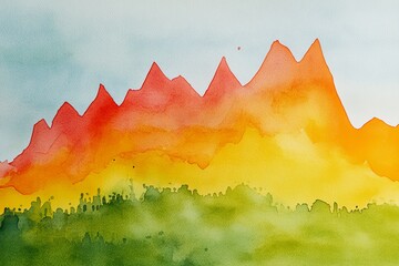 Fototapeta premium A painting of mountains with a yellow and orange sunset in the background