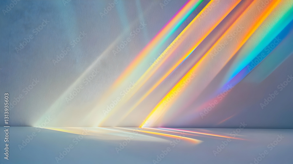 Poster rainbow prism light beams projected on a textured white wall with soft pastel colors creating a drea