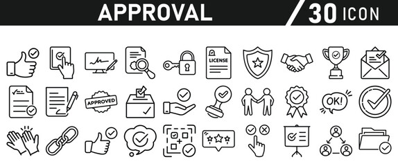 Approve Icons set. Icon for Mobile and Web. Contains icons such as Approve, Agreement, Quality Control, Certificate, Check Mark, Achievement, and Guarantee. Vector illustration