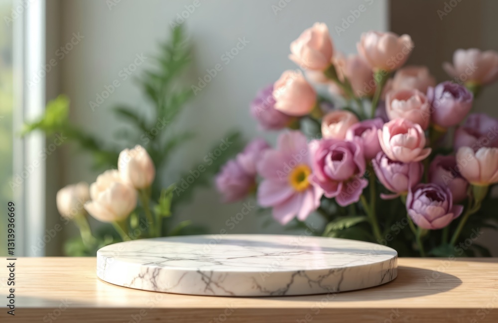 Aufkleber marble platform display on wooden table with blurred flowers. round stone podium for product present