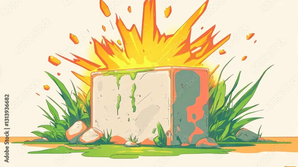 Aufkleber explosive block surrounded by grass in flat style with cream-colored background and stylized texture