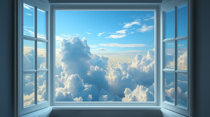 Bright daylight spills into the room through an open window, showcasing a vast sky filled with fluffy clouds. The tranquil ambiance invites peaceful contemplation