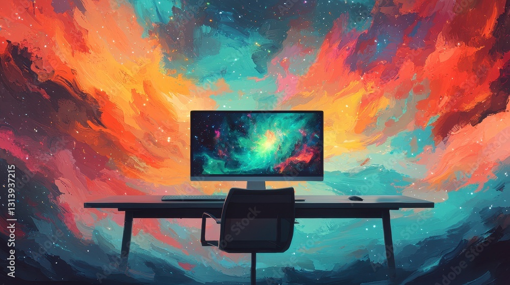 Poster cosmic workspace with colorful nebula and modern computer setup