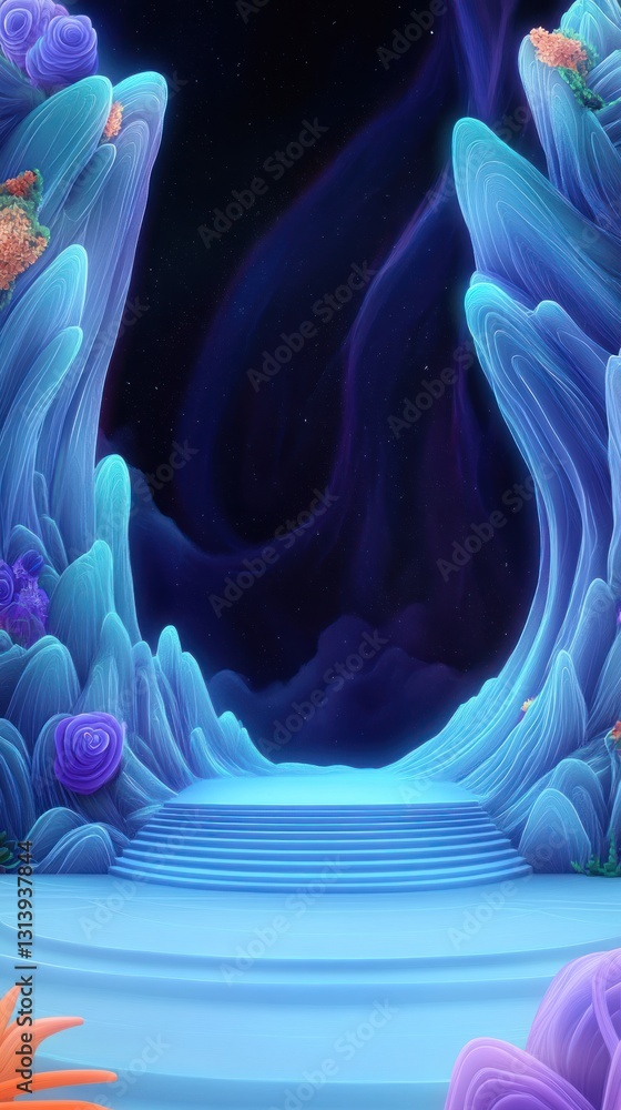 Poster fantastical cavern. steps leading into open space with aurora backdrop between rock formations