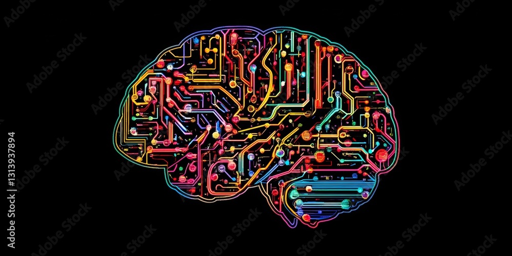 Poster colorful abstract circuit brain design illustrating digital intelligence and connectivity