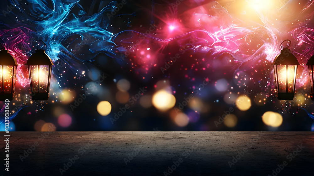 Poster empty concrete platform illuminated by lanterns against a backdrop of vibrant pink and blue nebula w