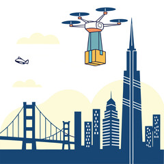 Obraz premium Drone delivery service flying above a modern city skyline