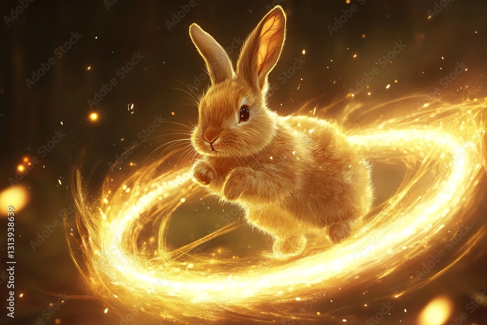 Poster a rabbit is running in a circle of gold sparks