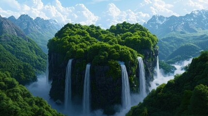 Naklejka premium Majestic Waterfalls Cascading From Lush Green Mountain Landscape