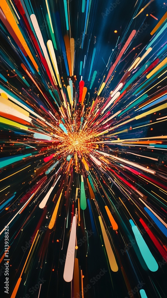 Poster vivid abstract artwork featuring a burst of colorful light rays and sparkles in dynamic motion. perf