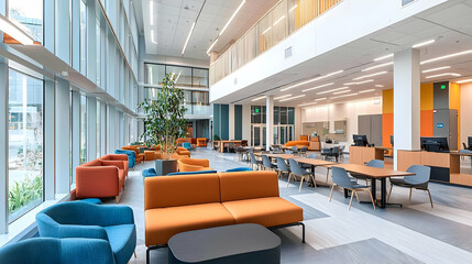 Modern Spacious Atrium Lobby With Orange And Blue Furniture Natural Light And Large Windows In Contemporary Building Interior Design