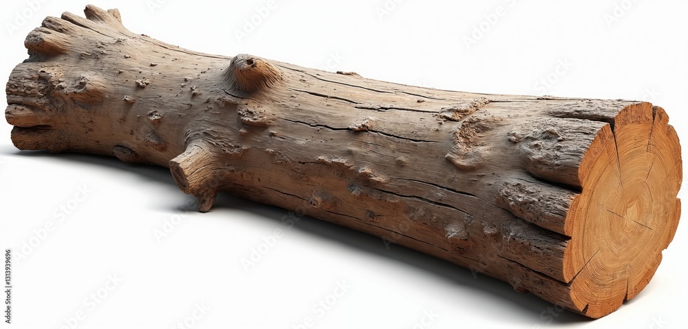 Poster Wood log on transparent background. Brown rustic timber texture. Cut out die cut design element. Annual rings pattern. Tree trunk with bark. Natural organic material for graphic design.
