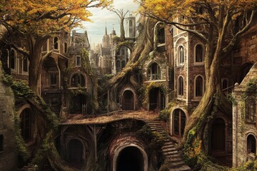 Fototapeta premium Abandoned Urban Landscape Overgrown with Nature and Mystical Trees