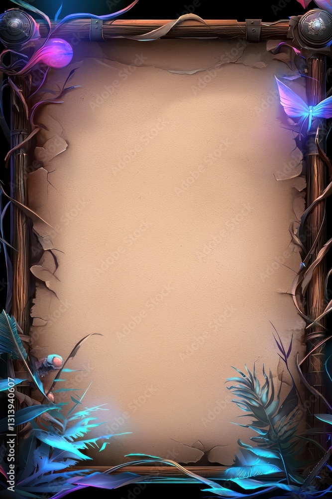 Poster fantasy frame with glowing foliage. blank scroll for text in an enchanted forest background