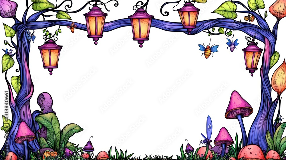 Poster fantasy frame with lanterns and mushrooms against white backdrop for text or image overlays