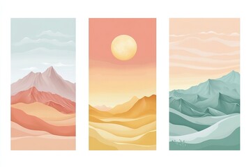 Serene Mountain Landscape Triptych Pastel Color Palette, Minimalist Art Prints