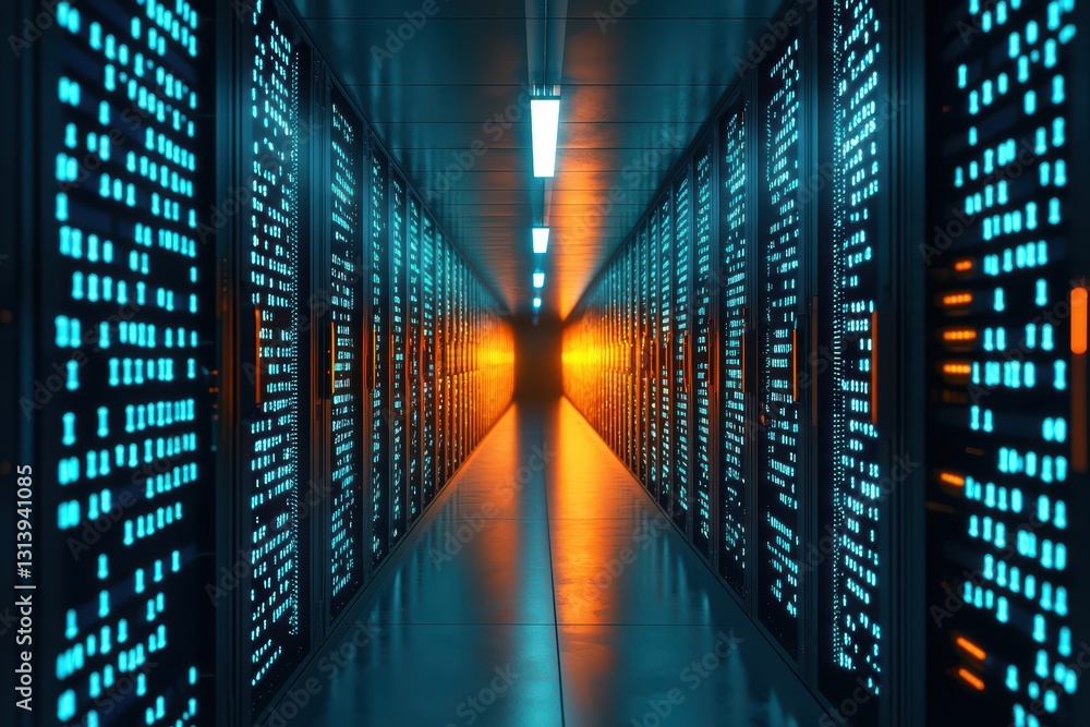 Poster high-tech data center with bright lights and encryption mechanisms in cybersecurity protocols