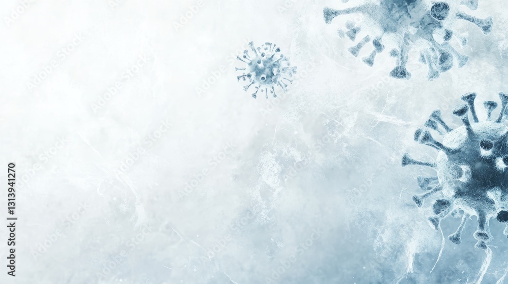 Poster a blue background with a virus on it. the virus is in the middle of the background and is surrounded