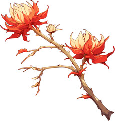 Vibrant Red and Cream Floral Branch with Buds and Petals