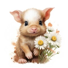 Fototapeta premium A Delicate Portrait of a Guinea Pig with a Bouquet of Daisies