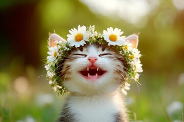 Sunny daylight. Cute baby cat singapura wearing savage flower crown on its head. Vacation time...