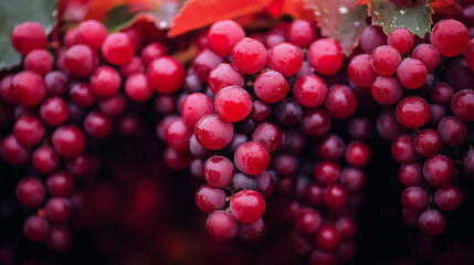 Clusters of ripe red grapes hang from lush green vines, covered in droplets of dew, showcasing the abundance of the vineyard during the crisp autumn season