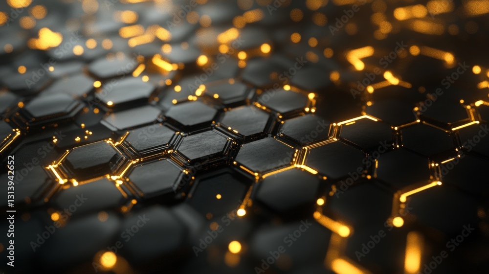 Poster abstract honeycomb texture with glowing gold lines and dark background in a modern style