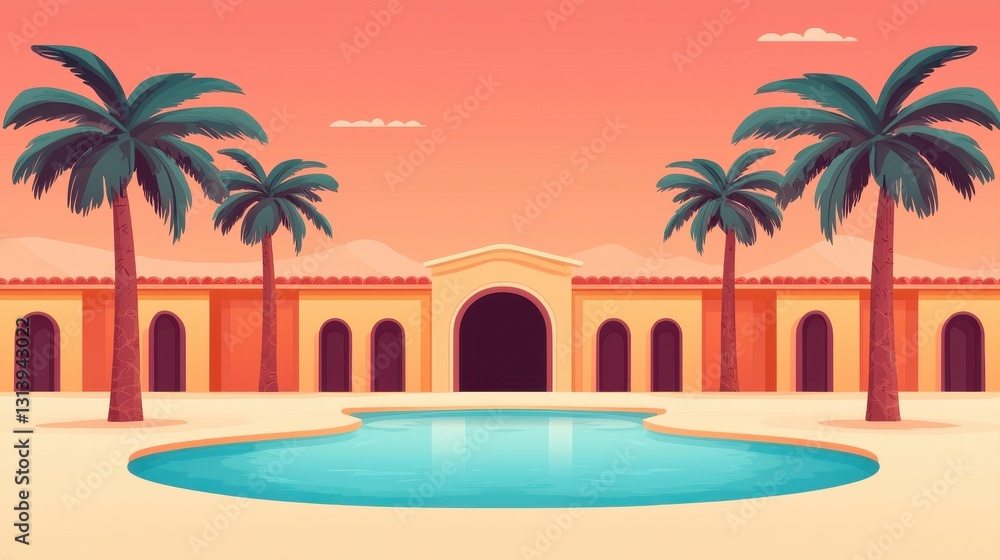 Poster a serene landscape featuring a pool surrounded by palm trees with a beautiful sunset backdrop and an