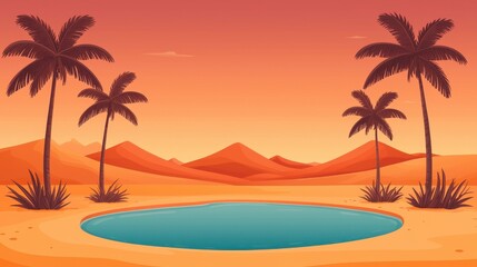 Obraz premium A serene desert scene featuring palm trees, a tranquil oasis and a colorful sunset backdrop.