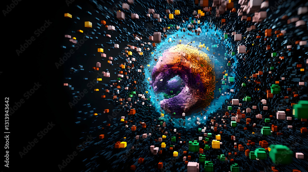 Poster colorful 3d voxel sphere exploding in dark space