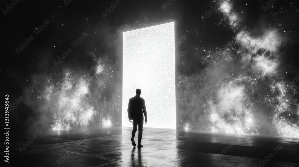Poster a lone figure walks towards an illuminated gateway in space