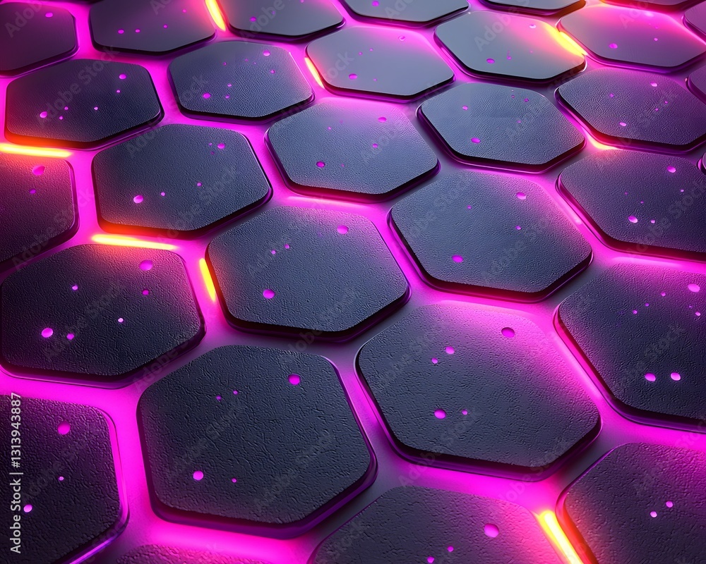 Poster futuristic metallic frame with neon highlights surrounding glowing pattern background