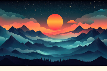 Fototapeta premium Serene Sunset Landscape Dreamy Mountain Range Silhouette with Large Sun and Starry Night Sky